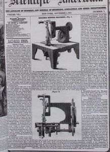 Il modello originale della macchina da cucire di Isaac Merrit Singer (1811-75) da The Scientific American, 1 novembre 1851 da American School